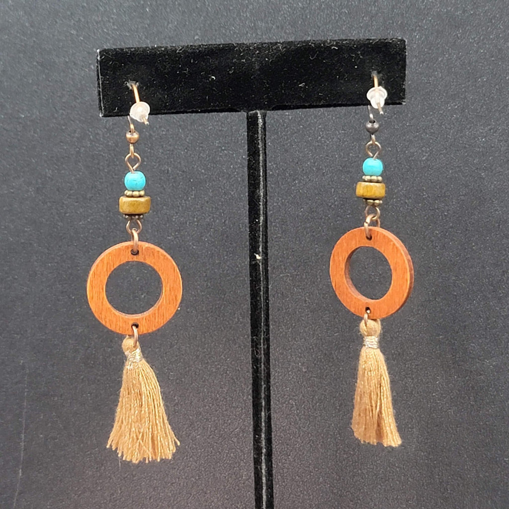 New Boho Pierced Earrings Wood Ring Beaded Gold String Tassel 2.5"
