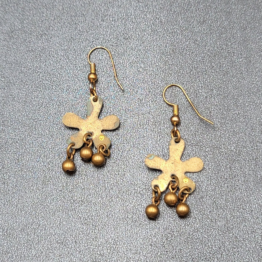 Pierced Earrings Brass Flower Blue Enamel Dangle 1.25"
