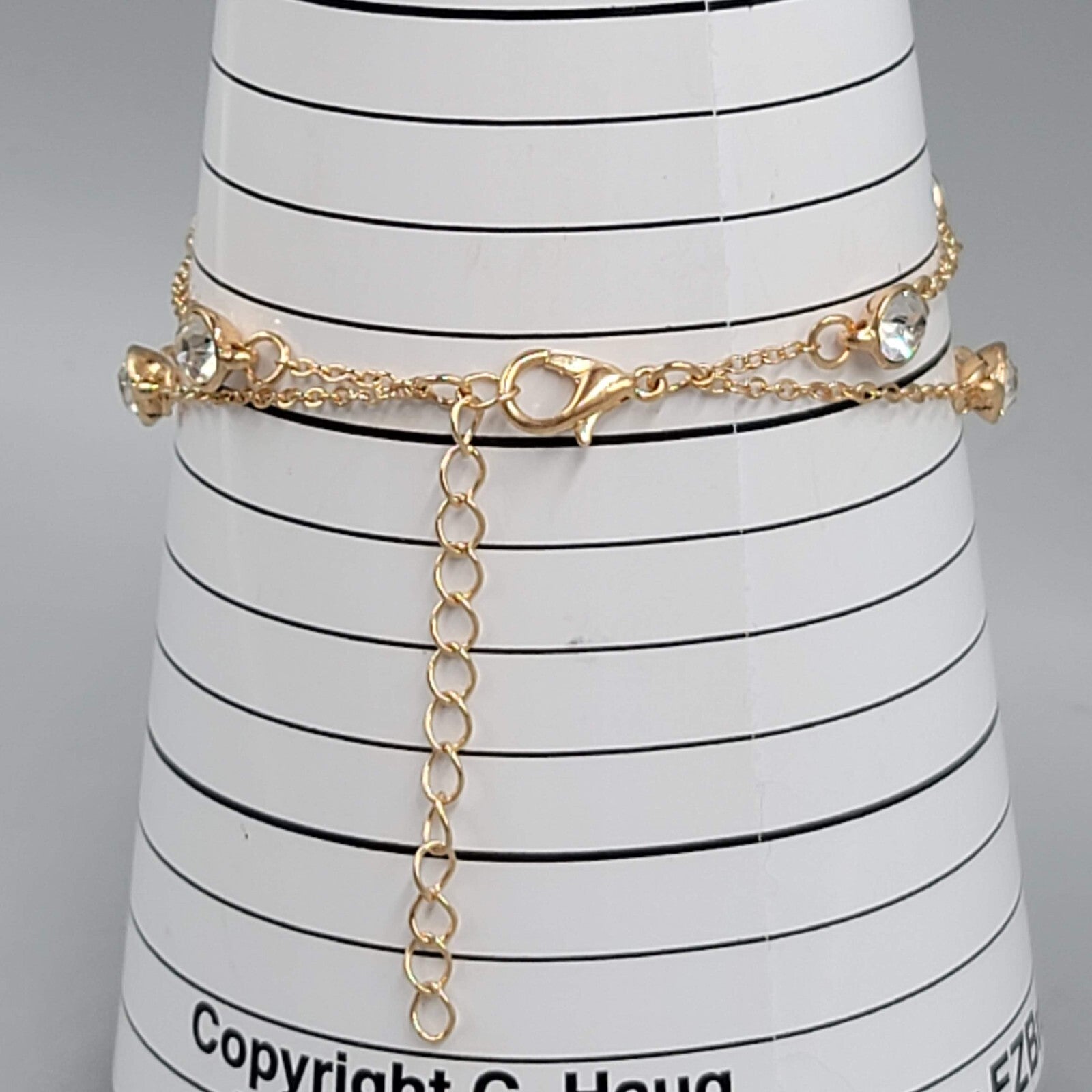Double Chain Station Rhinestone Bracelet Gold tone 7"-8.75" Adj