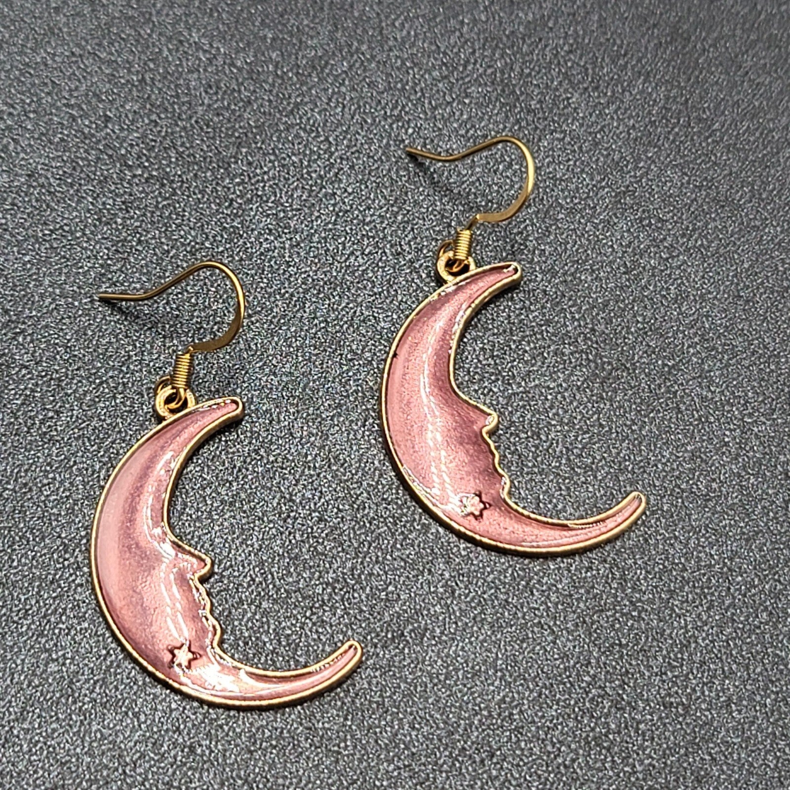 New Moon Pierced Earrings Gold tone Purple Enamel Dangle 1.25"