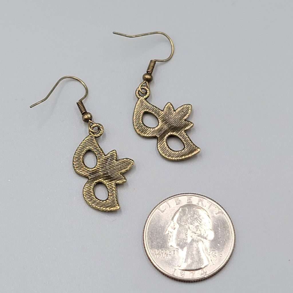 Masquerade Mask Pierced Earrings Bronze tone Metal Embossed Leaves Dangle  1"