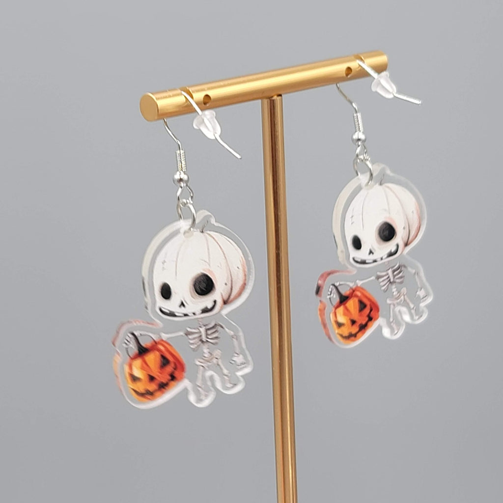 Halloween Trick or Treat Skeleton Pierced Earrings Silver tone Dangle 1.5 in