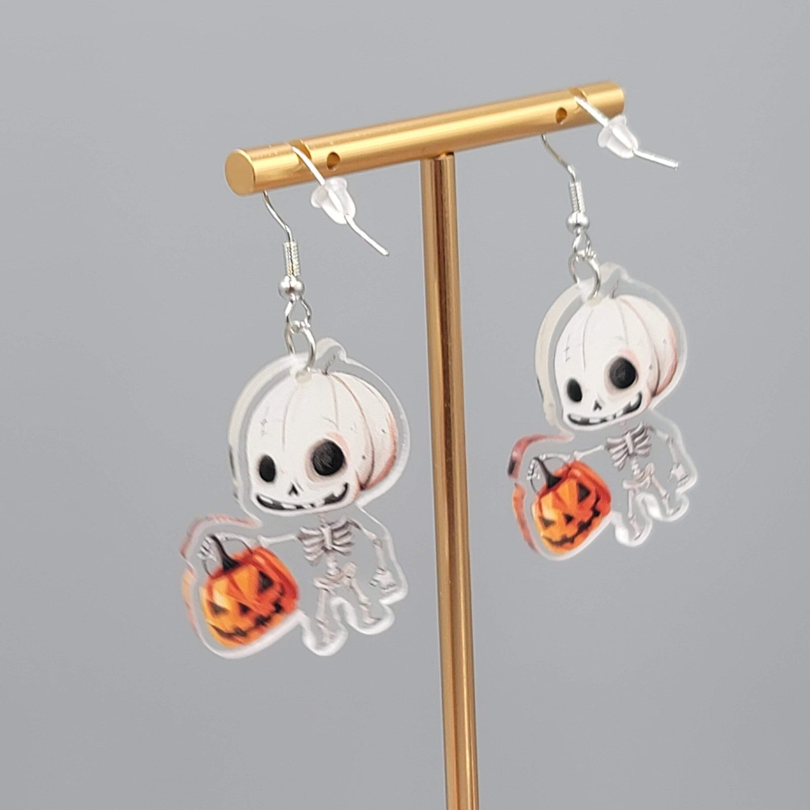 Halloween Trick or Treat Skeleton Pierced Earrings Silver tone Dangle 1.5 in