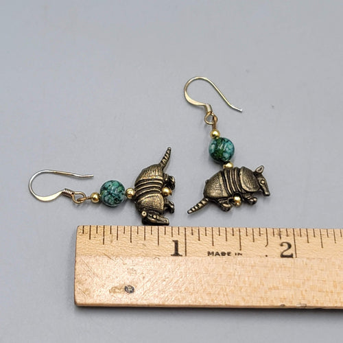 Armadillo Bead Pierced Earrings Bronze tone Dangle 7/8"