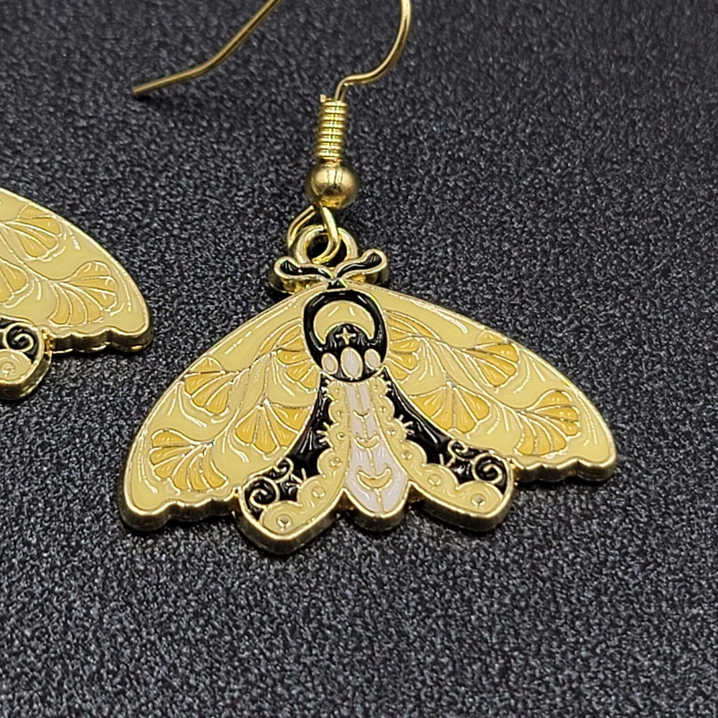 Moth Pierced Earrings Gold tone Yellow Black Enamel Dangle 3/4"