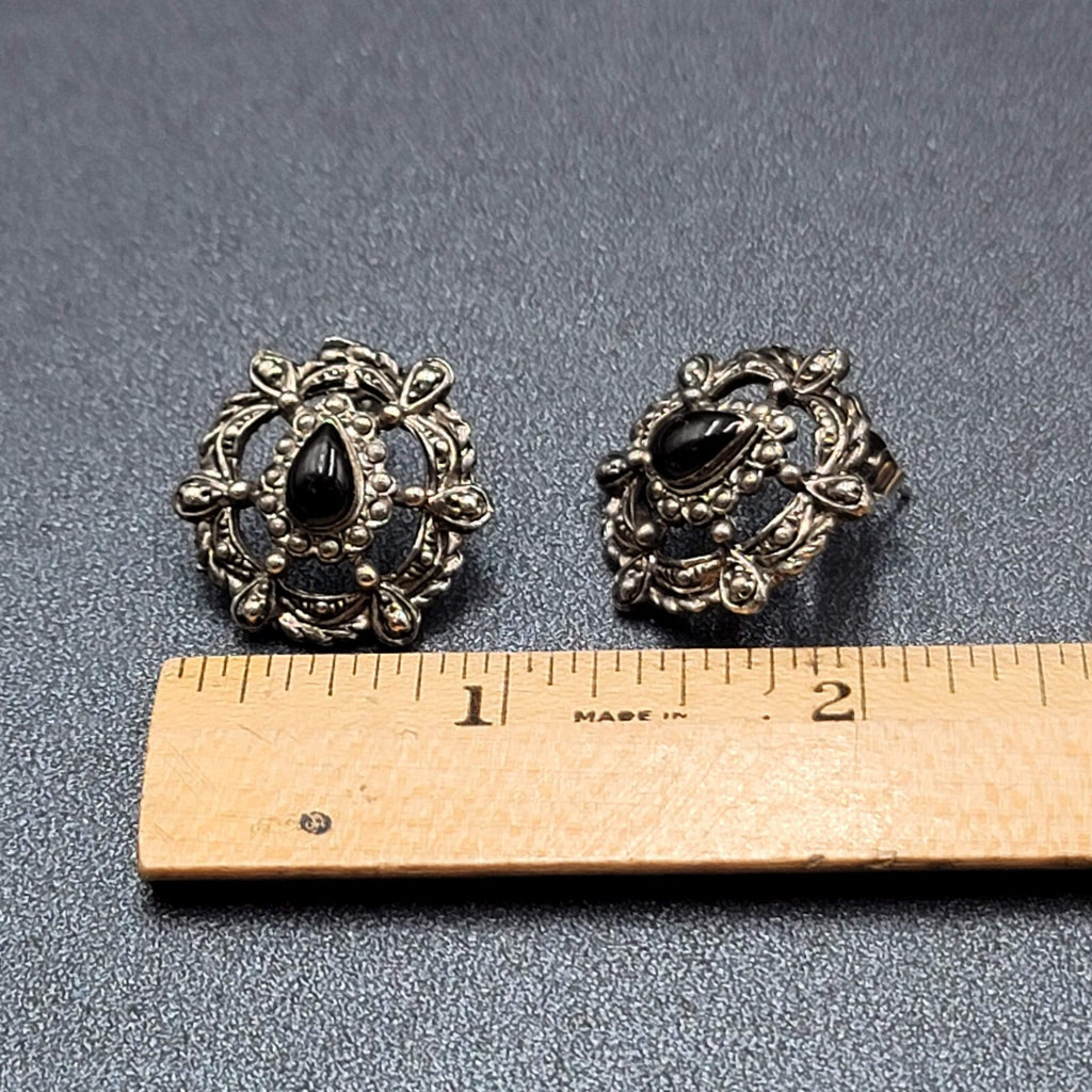 Vintage Pierced Earrings Silver tone Black Teardrop Stone Embossed Drop 1.75"