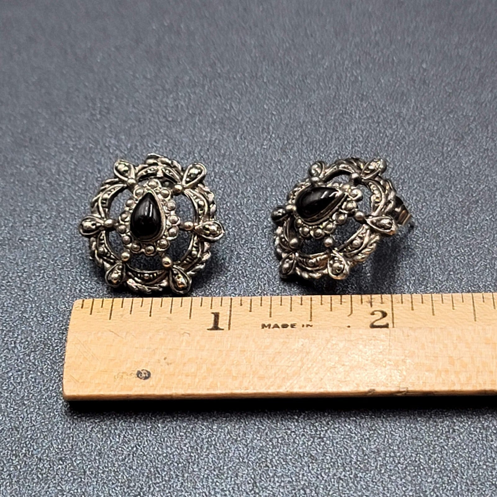 Vintage Pierced Earrings Silver tone Black Teardrop Stone Embossed Drop 1.75"