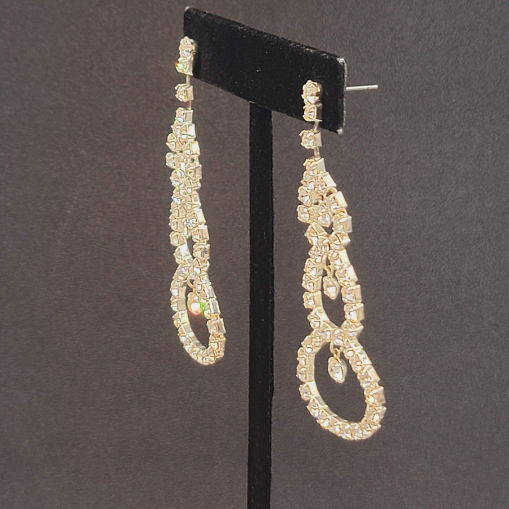Long Rhinestone Pierced Earrings Silver tone Dangle Open Circles 2.75"
