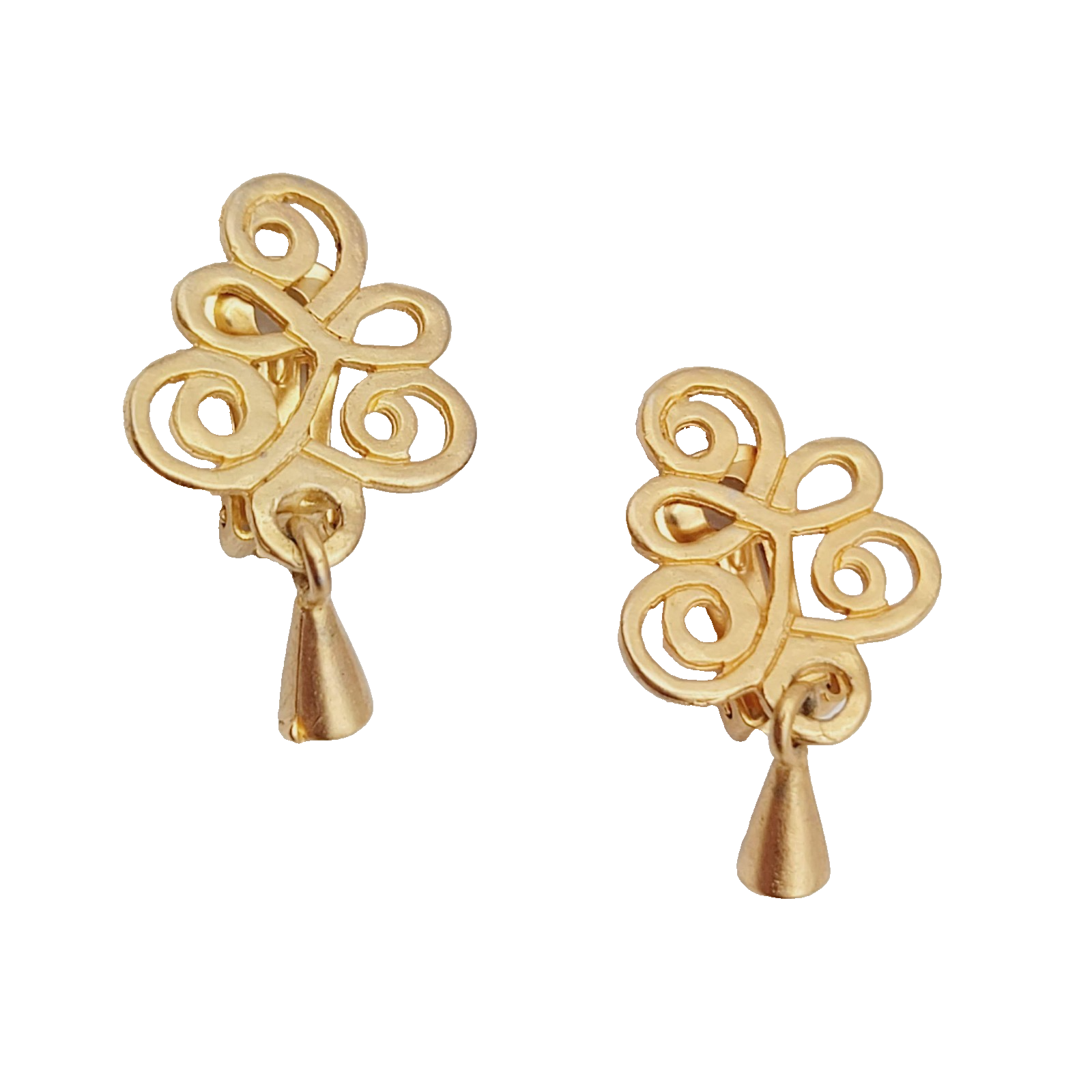 Vintage Open Work Clip on Earrings Matte Gold Plated Dangle 1.5 in