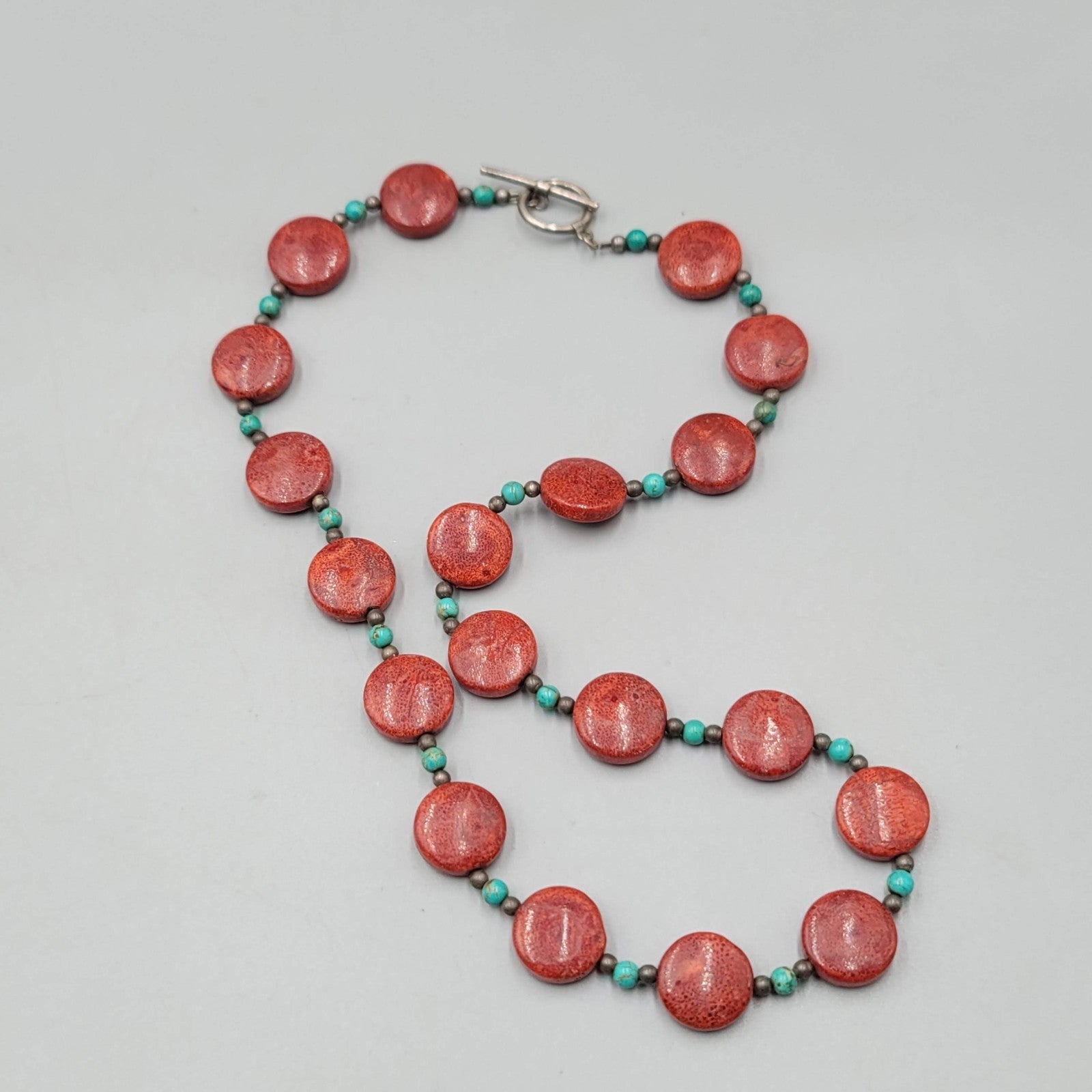 Vintage Coral and Turquoise Bead Necklace Silver tone Toggle 18 in