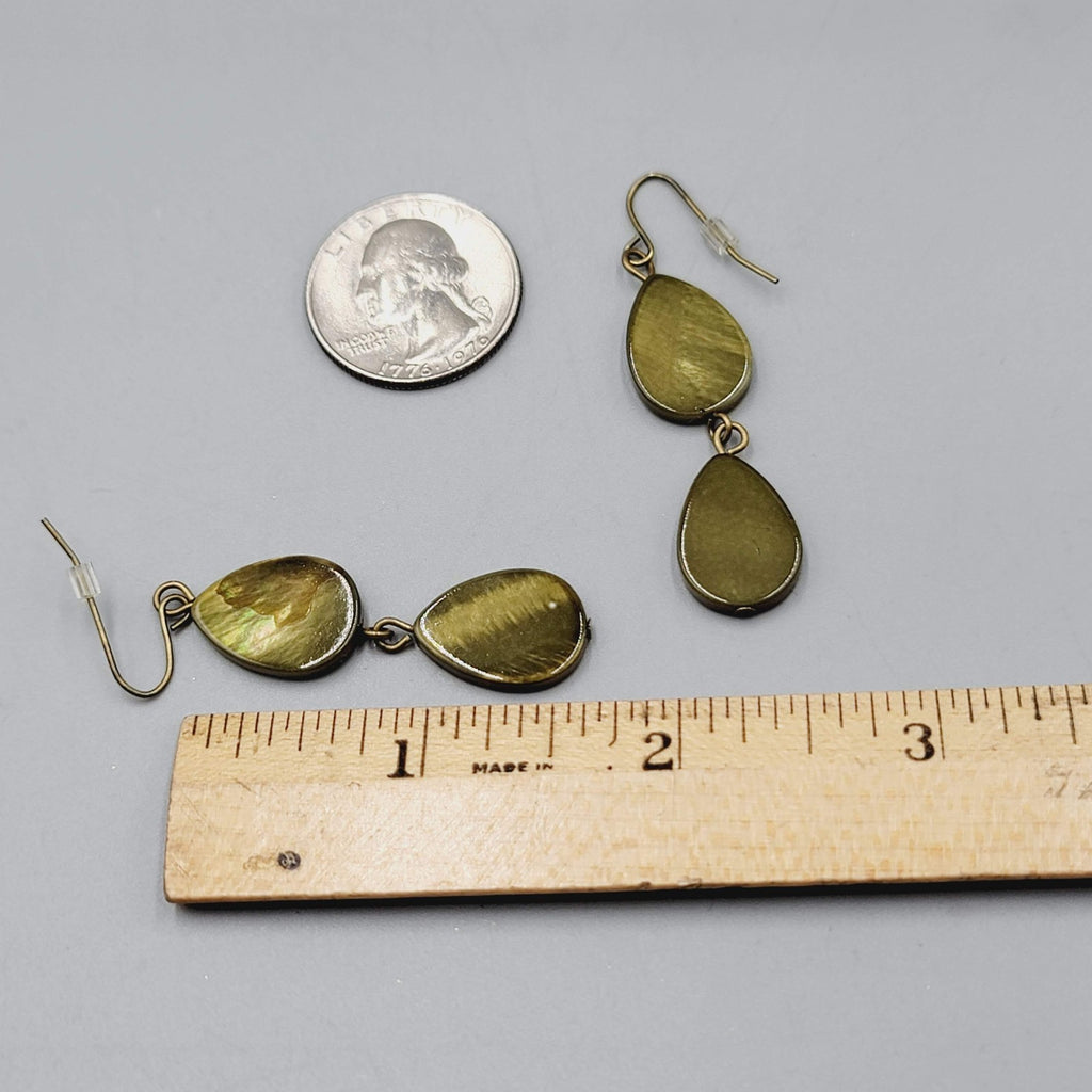 Teardrop Dangle Pierced Earrings Green Dyed Shell Bronze tone 1.75"