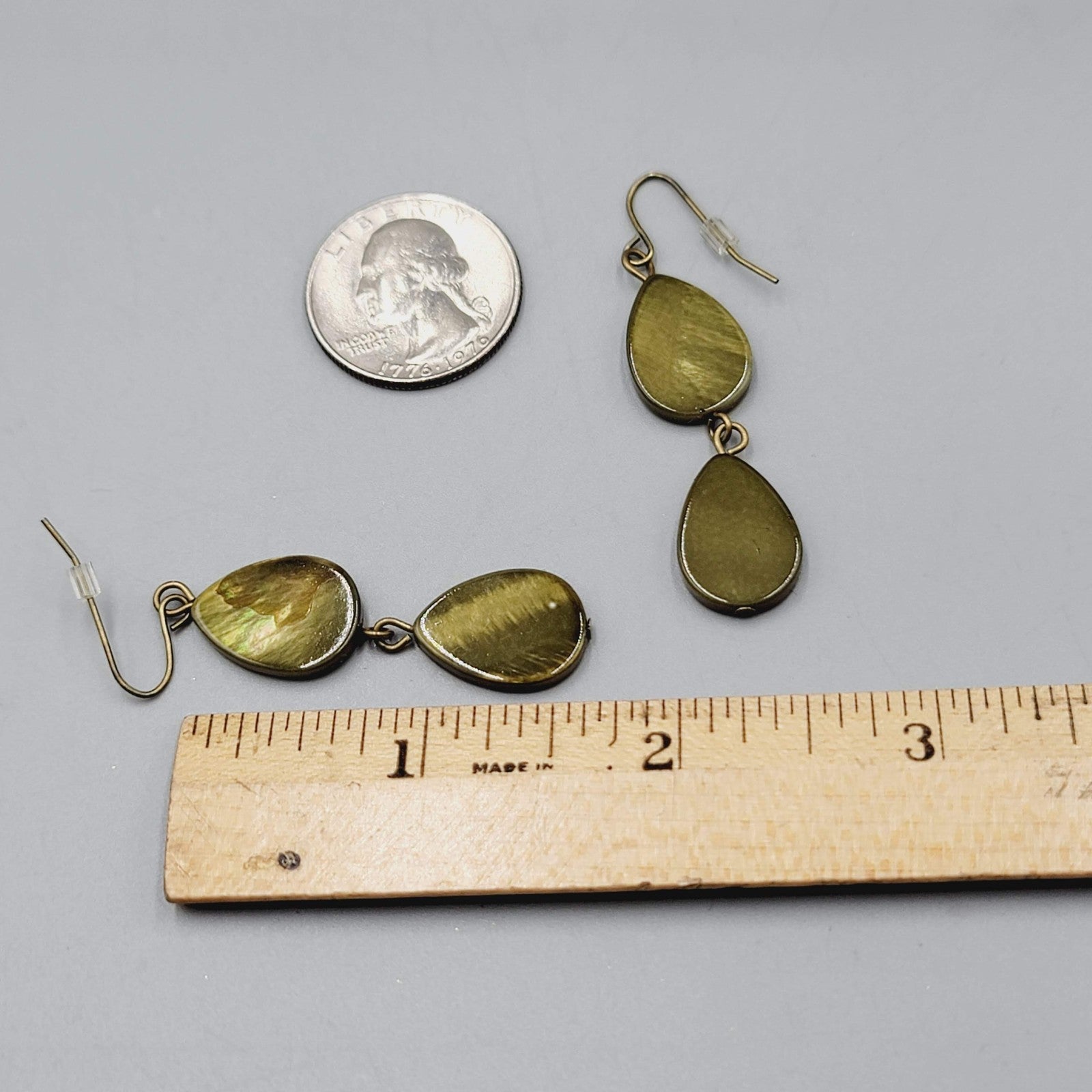 Teardrop Dangle Pierced Earrings Green Dyed Shell Bronze tone 1.75"