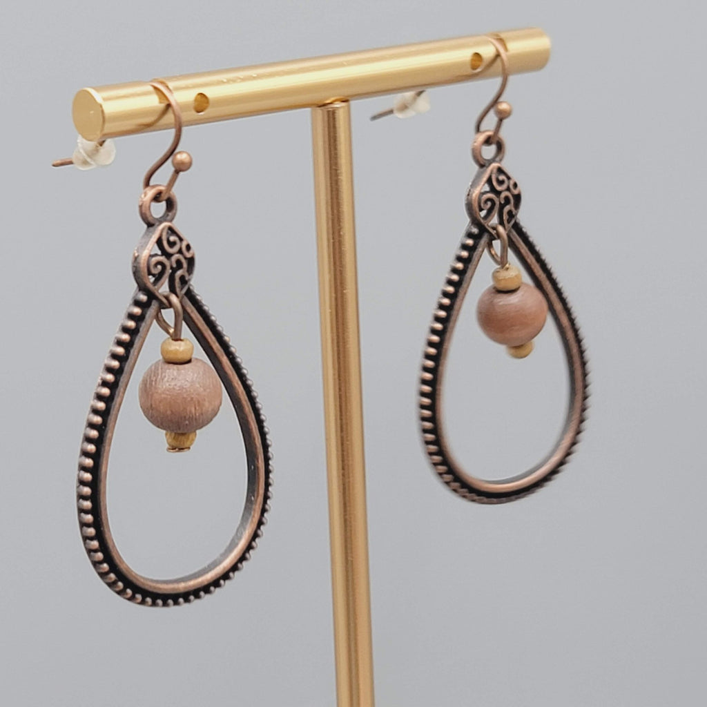 Open Teardrop Wood Bead Pierced Earrings Bronze tone Dangle 1.5"