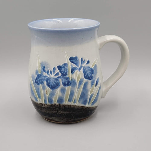 Blue Flowers Iris Pottery Coffee Mug Handmade Glazed
