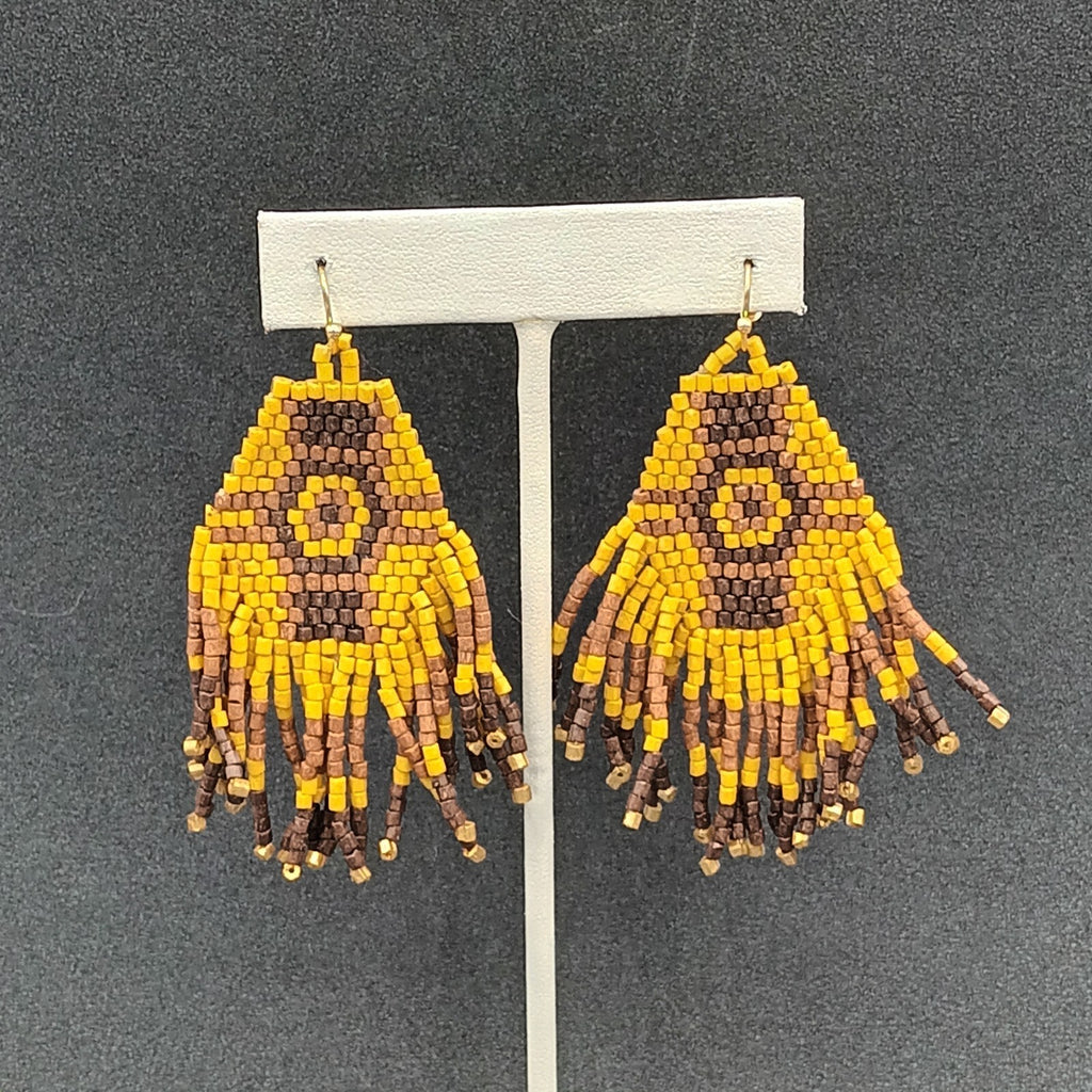 Pierced Earrings Wood Bead Weaved Browns Gold tone Dangle 2.75"