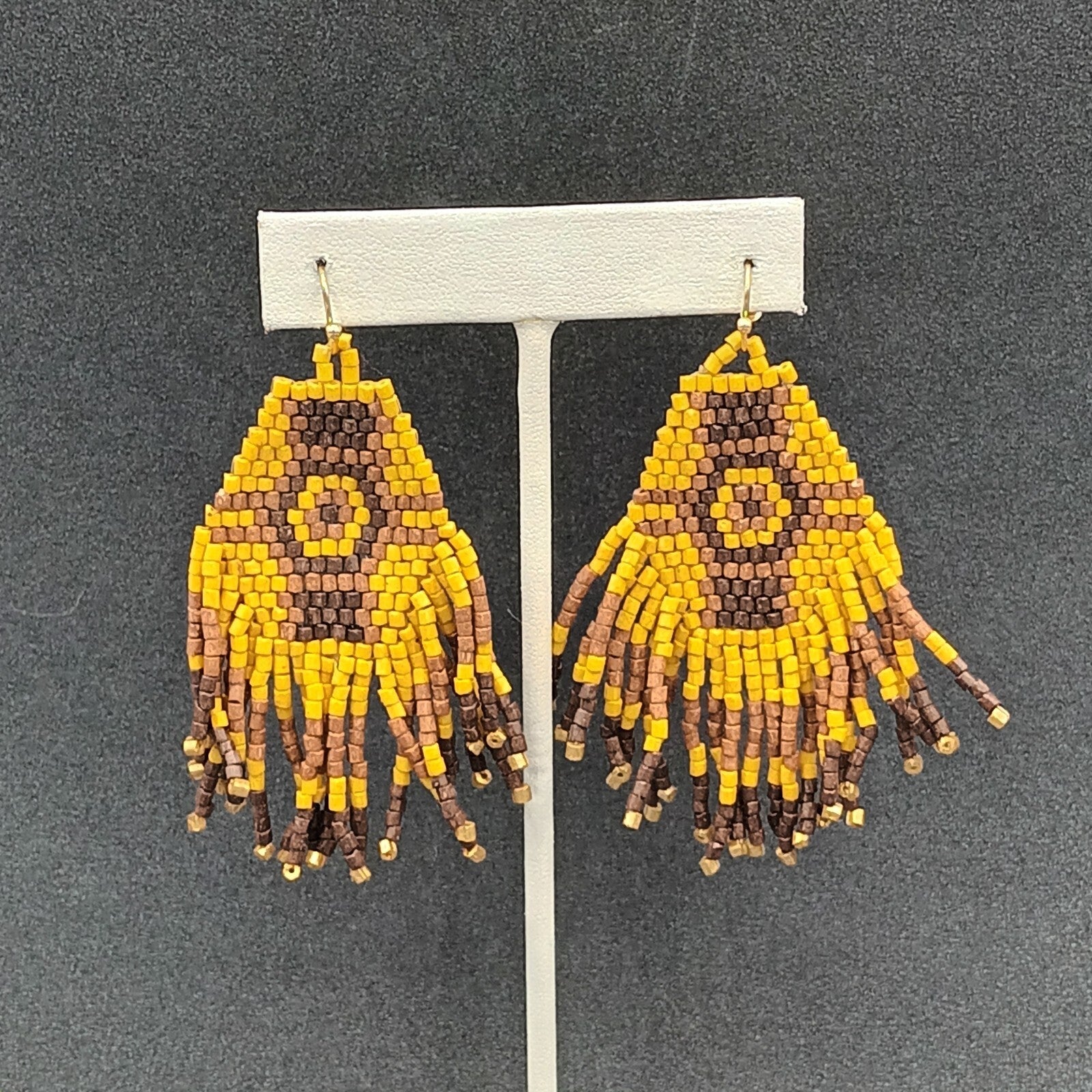 Pierced Earrings Wood Bead Weaved Browns Gold tone Dangle 2.75"