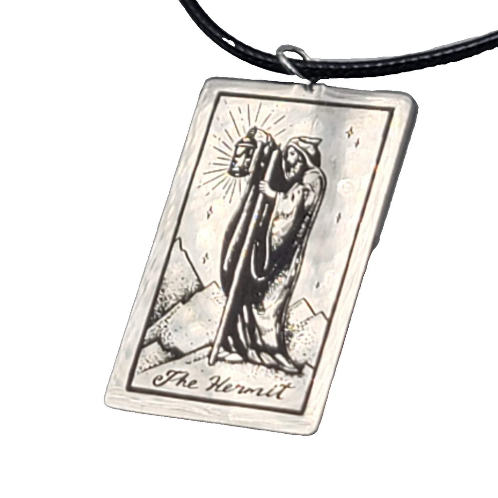 The HERMIT Tarot Card Pendant Necklace Major Arcana Silver tone Black Cord 18" 