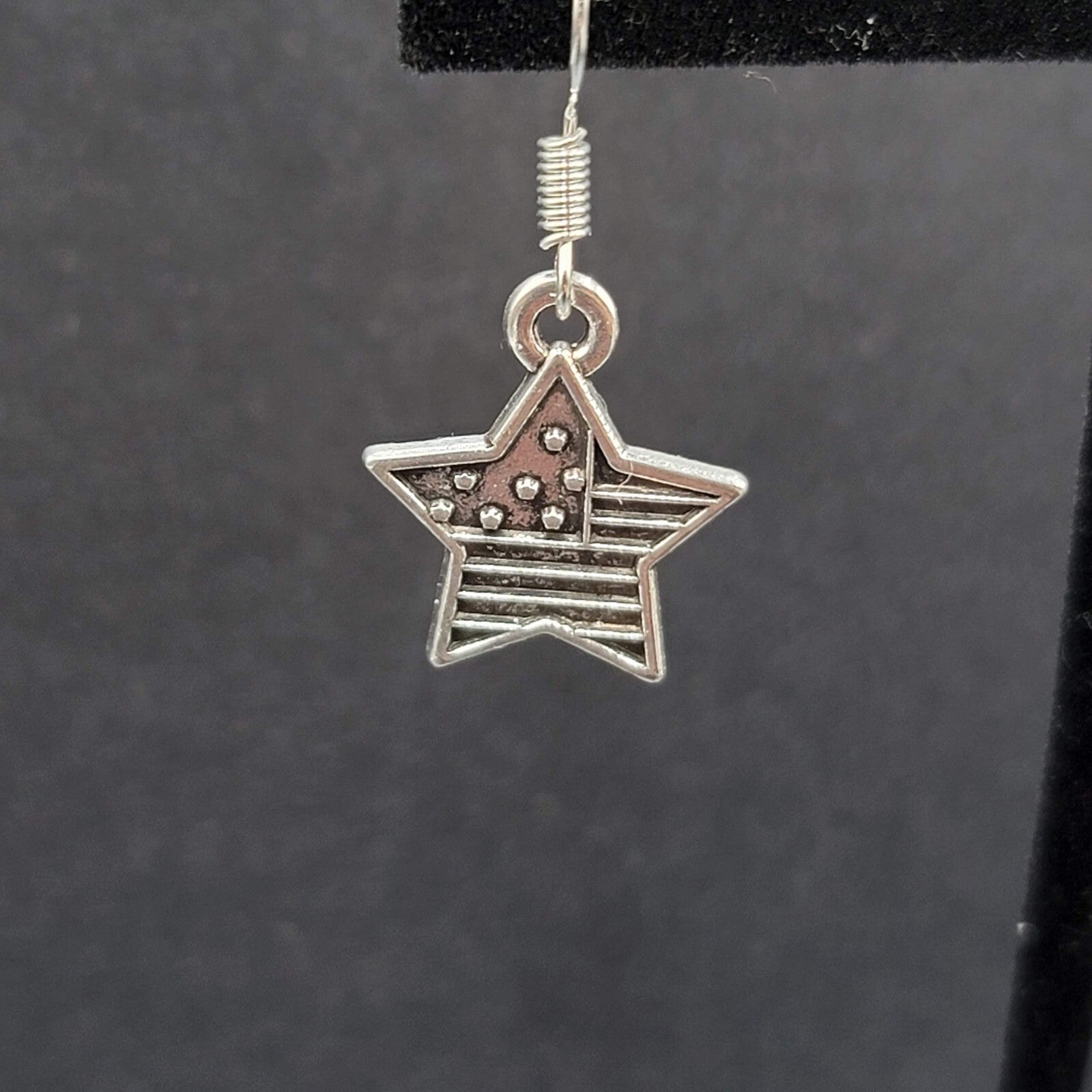 Pierced Earrings Silver tone American Flag Star Dangle 3/4"