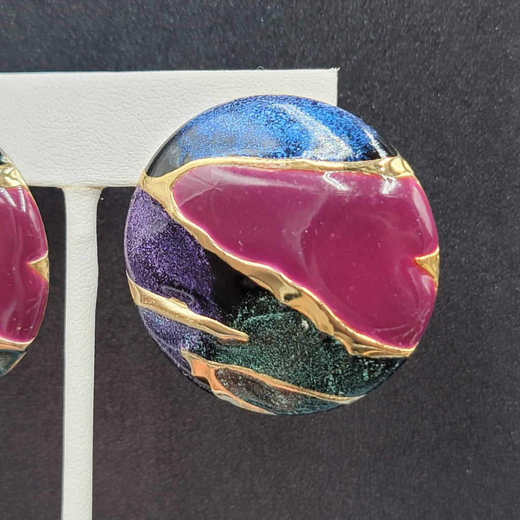 Vintage Pierced Earrings Blue Purple Enamel Round Statement 1.5"