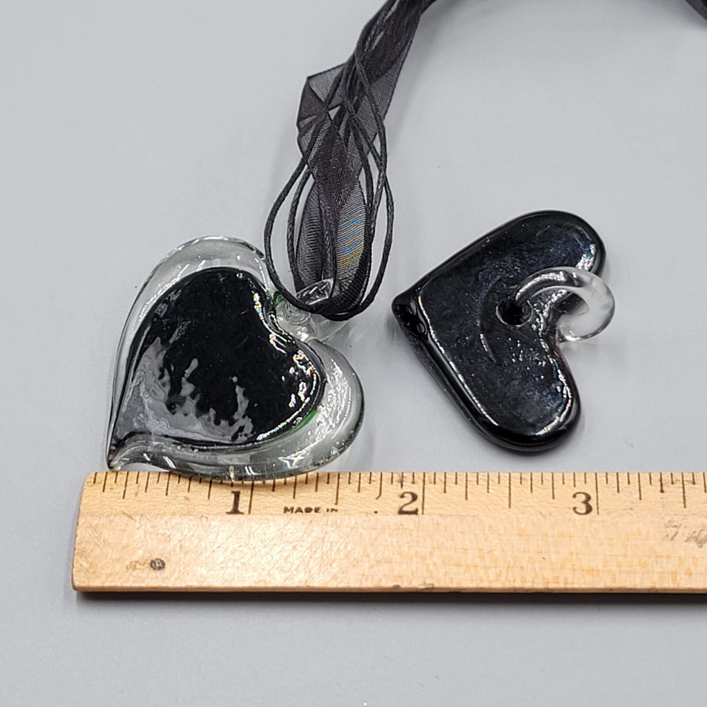 Lampwork Art Glass Heart Pendant Lot of 2 Necklace Black Ribbon Cord 18"+