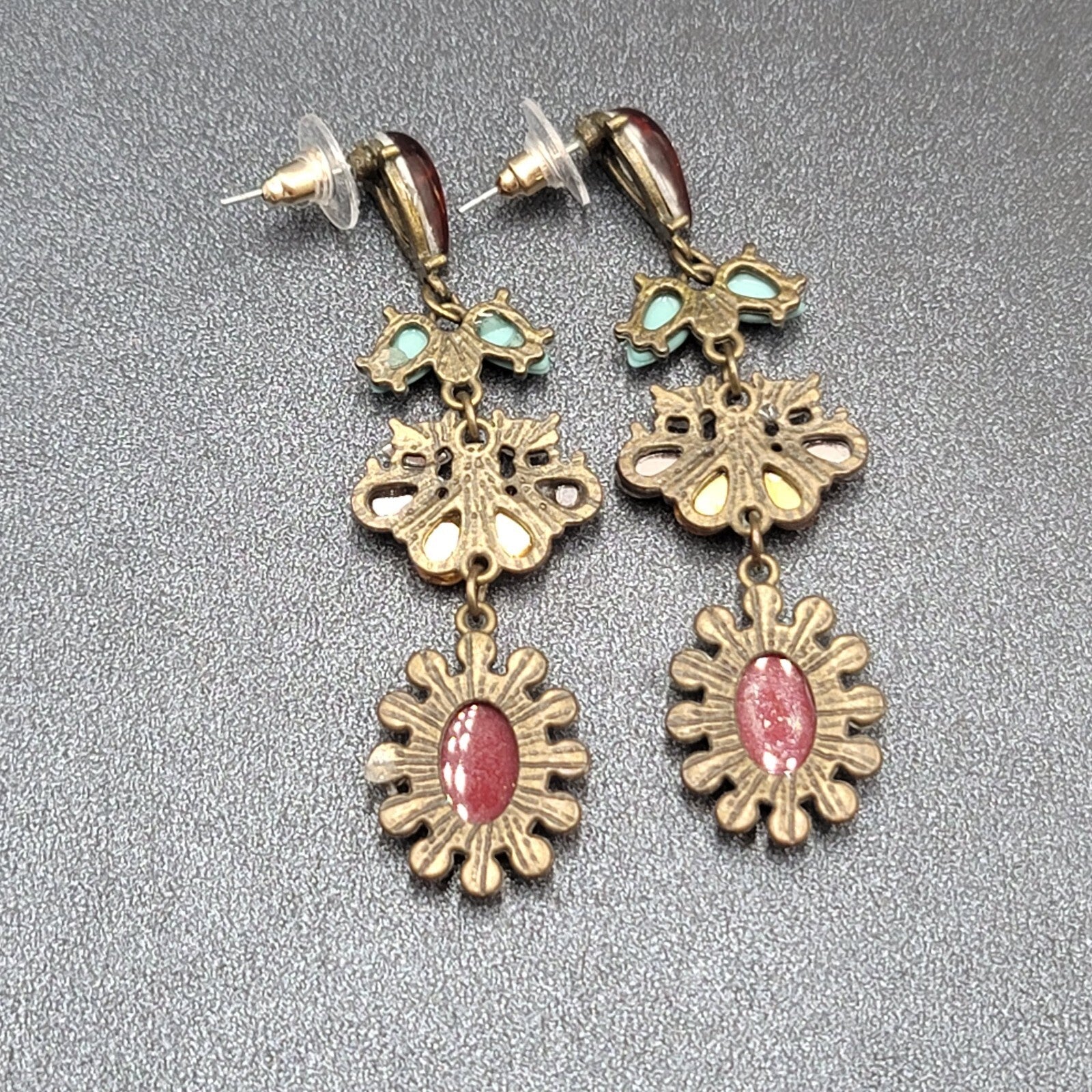 Pierced Earrings Bronze tone Multi Color Accents Rhinestone 2.75"