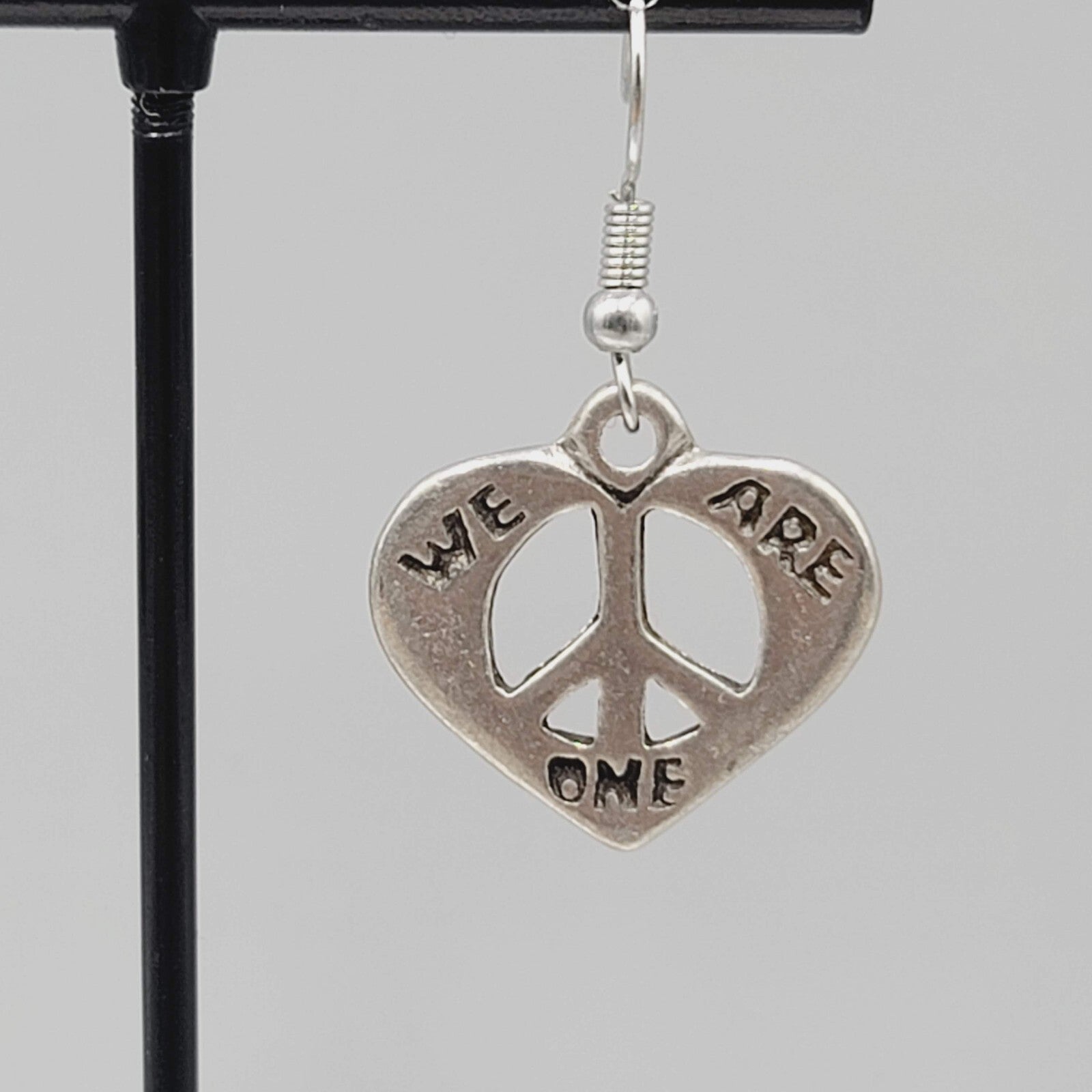 We Are One Peace Heart Pierced Earrings Silver tone Dangle 7/8"