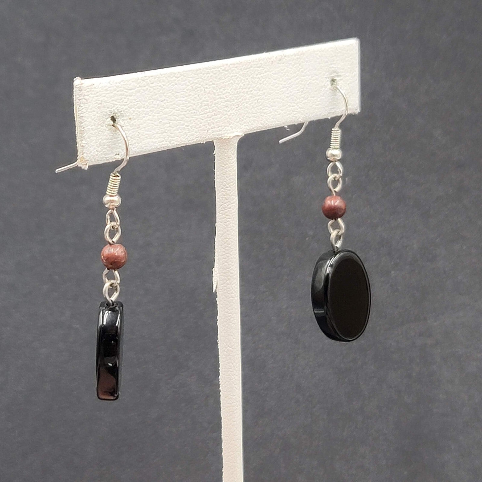 Pierced Earrings Silver tone Black Glass Oval Bead Dangle 1.25"
