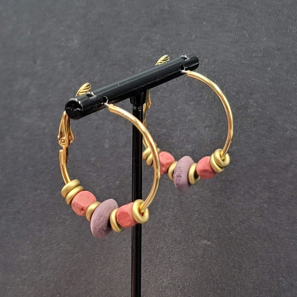 Vintage Pierced Earrings Gold tone Pink Purple Wood Beaded Hoops 1"