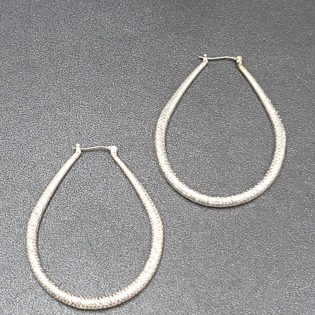 Pierced Earrings Silver tone Large Textured Hoops Teardrop Dangle 2.25"