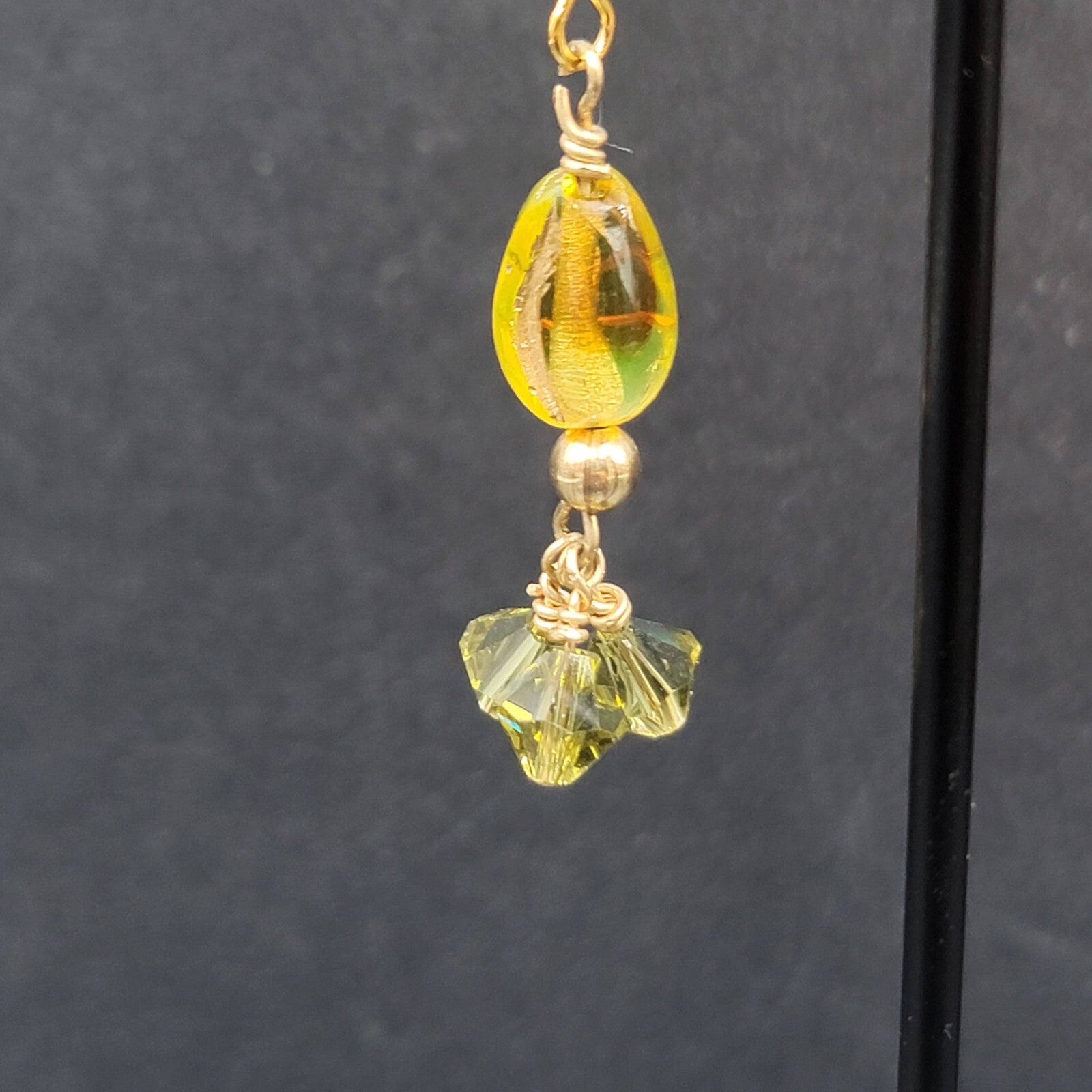 Pierced Earrings Gold tone Art Glass and Green Crystal Beads 1.25"