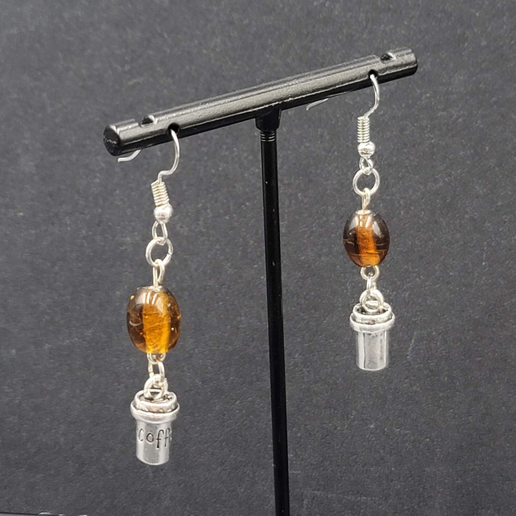Coffee Pierced Earrings Silver tone Brown Glass Bead Dangle 1.25"