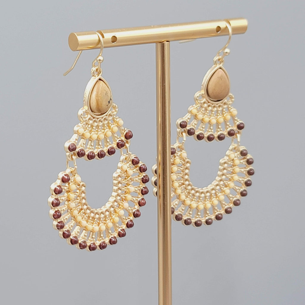 Boho Chandelier Pierced Earrings Gold toen Dangle Faux Stone 2"
