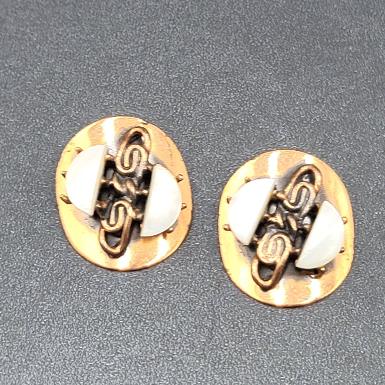 Vintage Clip on Earrings Copper Plated Mother of Pearl Accents Modernist 1.25"