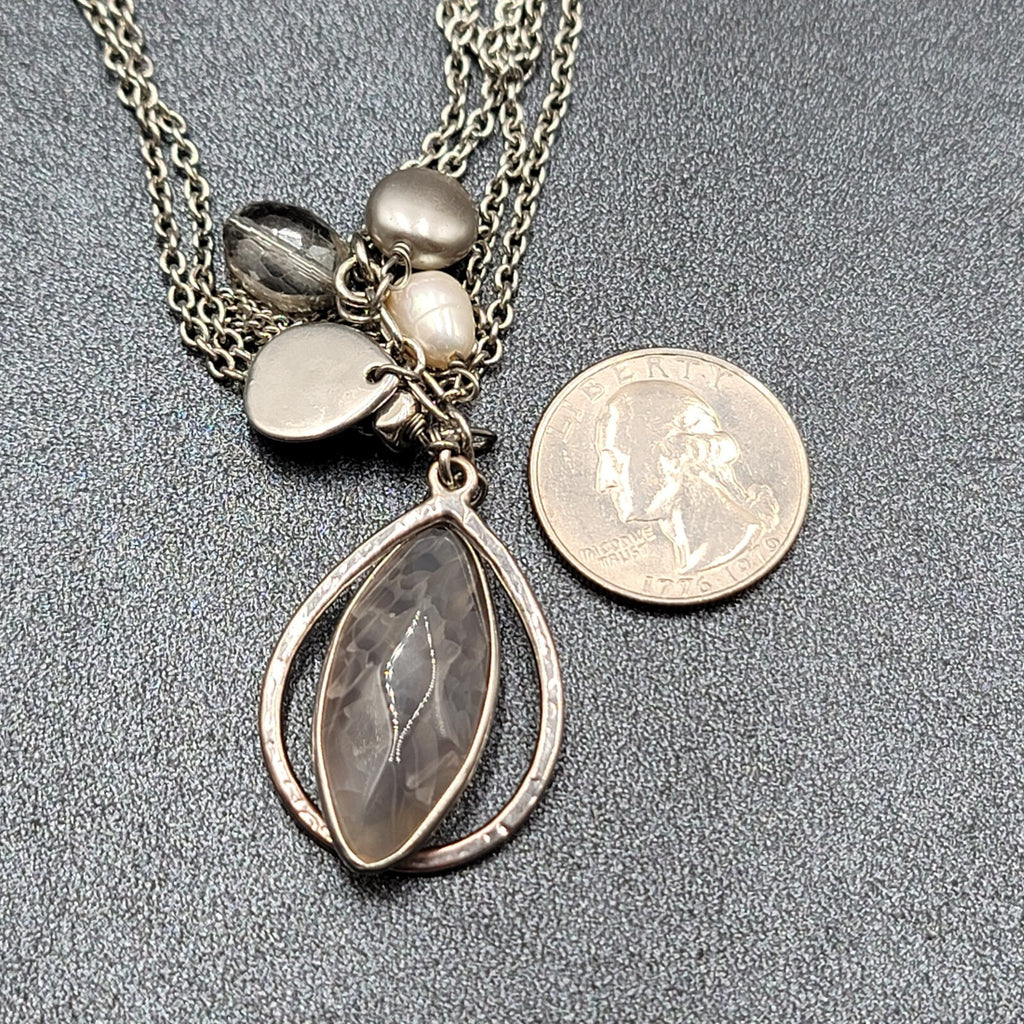 LOFT Pendant Necklace Silver tone Gray Stone Pearl LONG 32"