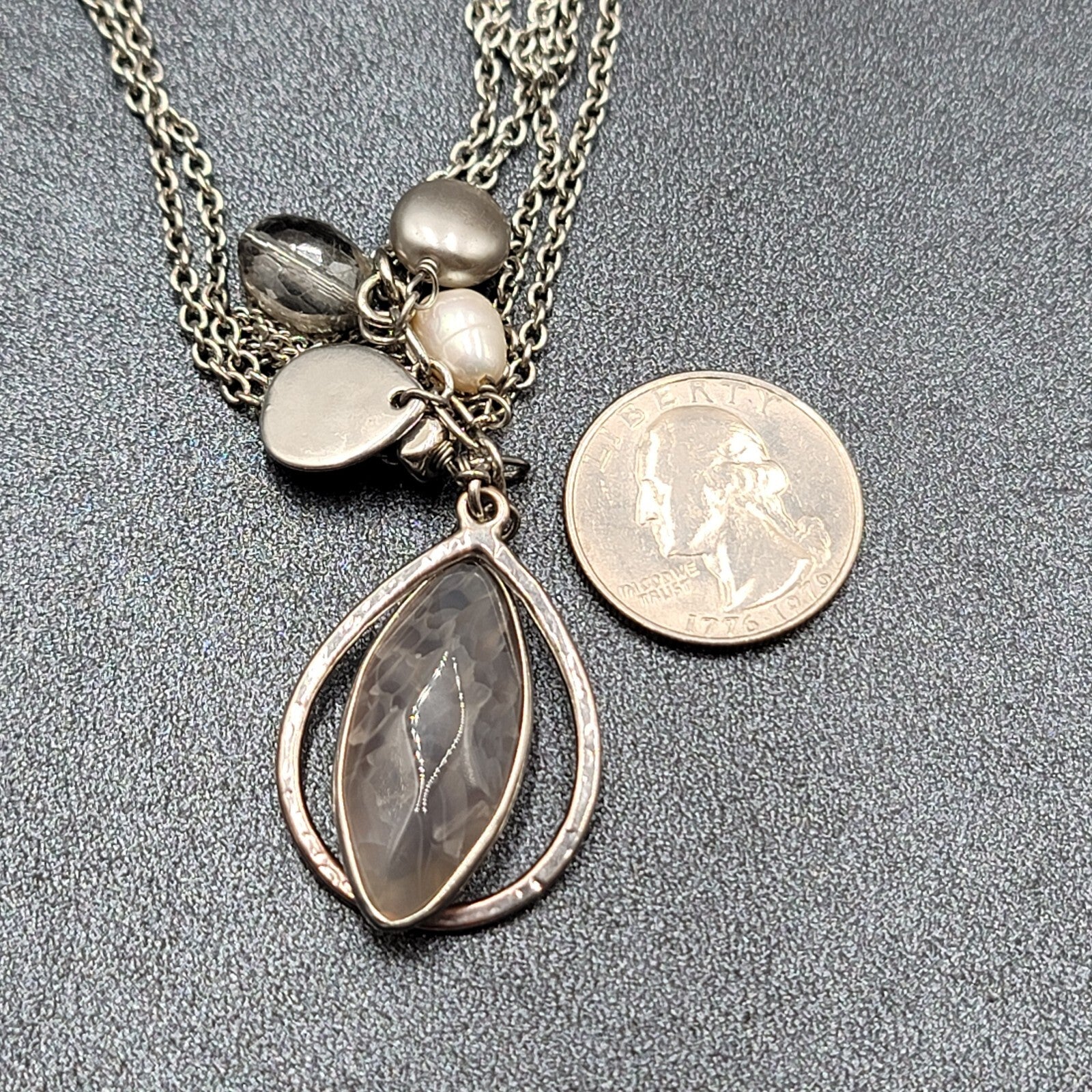 LOFT Pendant Necklace Silver tone Gray Stone Pearl LONG 32"