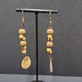 Boho Pierced Earrings Brown Cord Wooden Bead Shell Dangle 3"