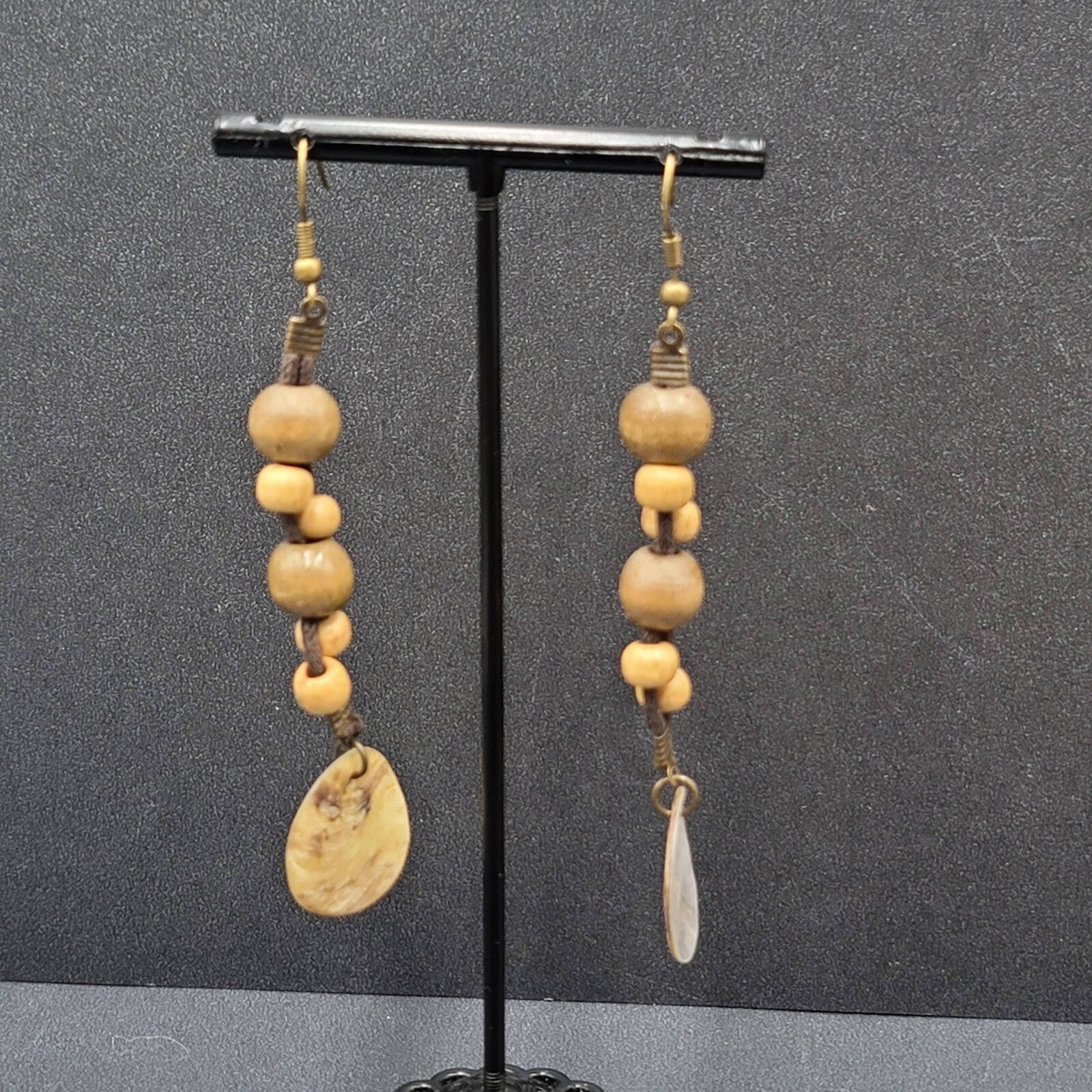 Boho Pierced Earrings Brown Cord Wooden Bead Shell Dangle 3"
