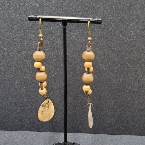 Boho Pierced Earrings Brown Cord Wooden Bead Shell Dangle 3"