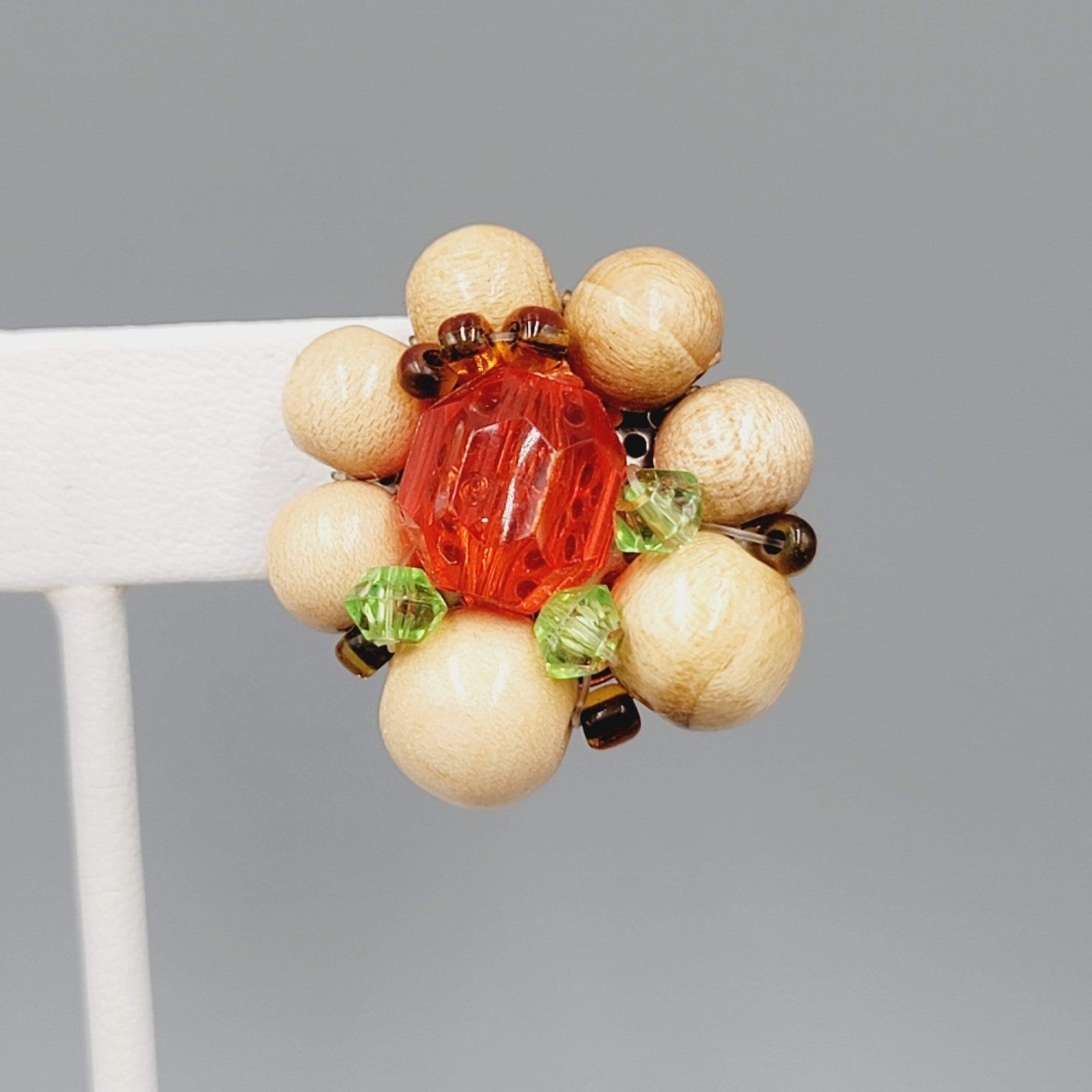 Vintage Flower Wood Cluster Bead Clip on Earrings Orange Green 1 1/8 in