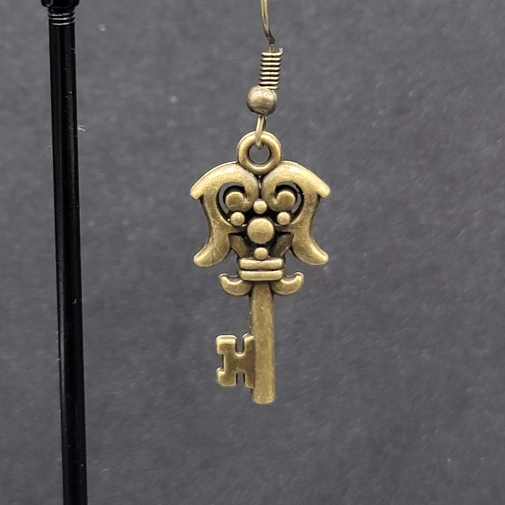 Fancy Skeleton Key Pierced Earrings Bronze tone Dangle NEW  1 1/8"