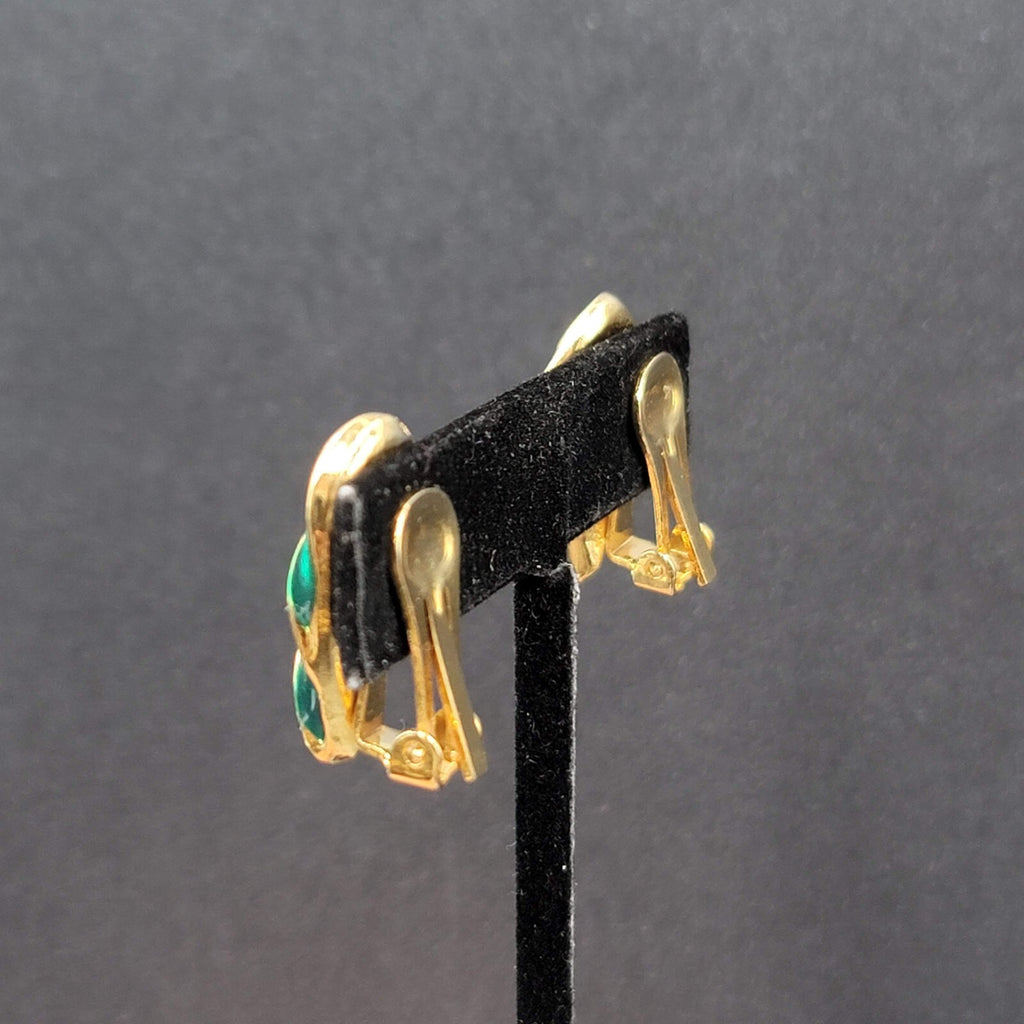 Vintage Clip on Earrings Gold tone Emerald Green Swirl Enamel Climbers 1"