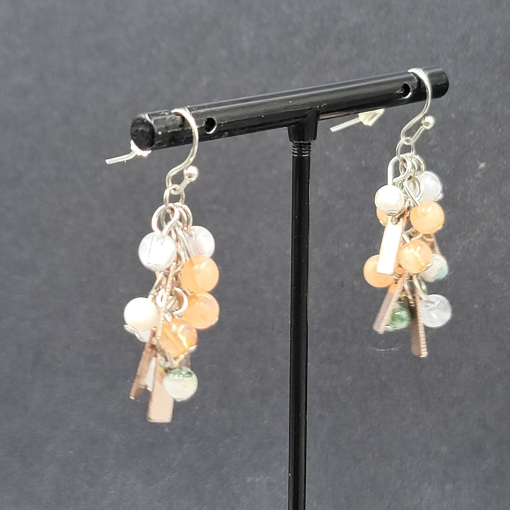 Pierced Earrings Silver tone Peach Gray Green Dangle Beads 1.25"