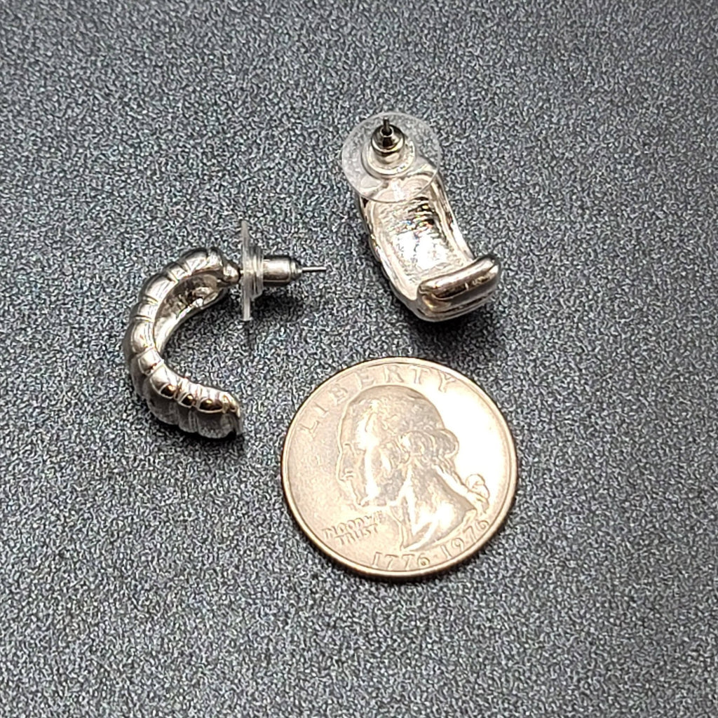 Pierced Earrings Silver Plated Ribbed Half Hoops Drop 3/4"