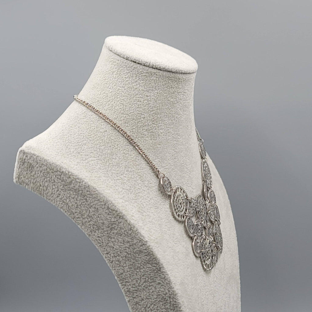 Textured Medallion Bib Necklace Silver tone 14"-16"