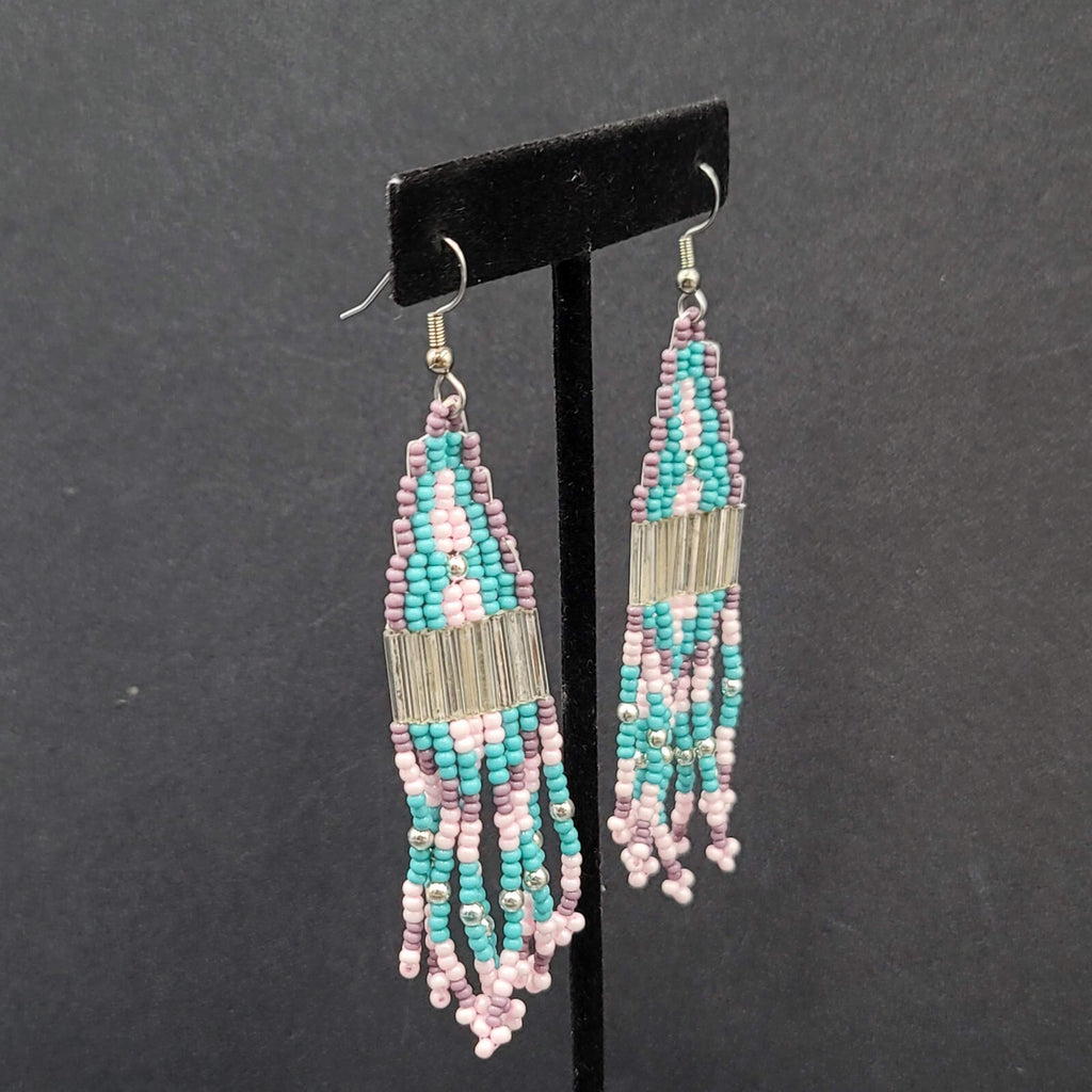 Pierced Earrings Blue Pink Purple Seed Bead Weaved 3 3/8"