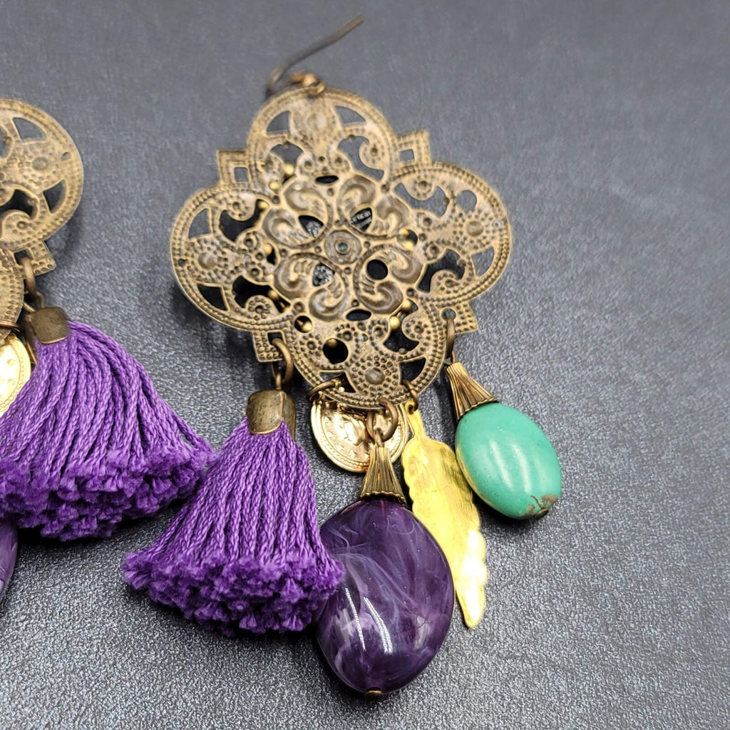 Pierced Earrings Large Statement Bronze tone Purple Tassel Boho Charms 3.5"