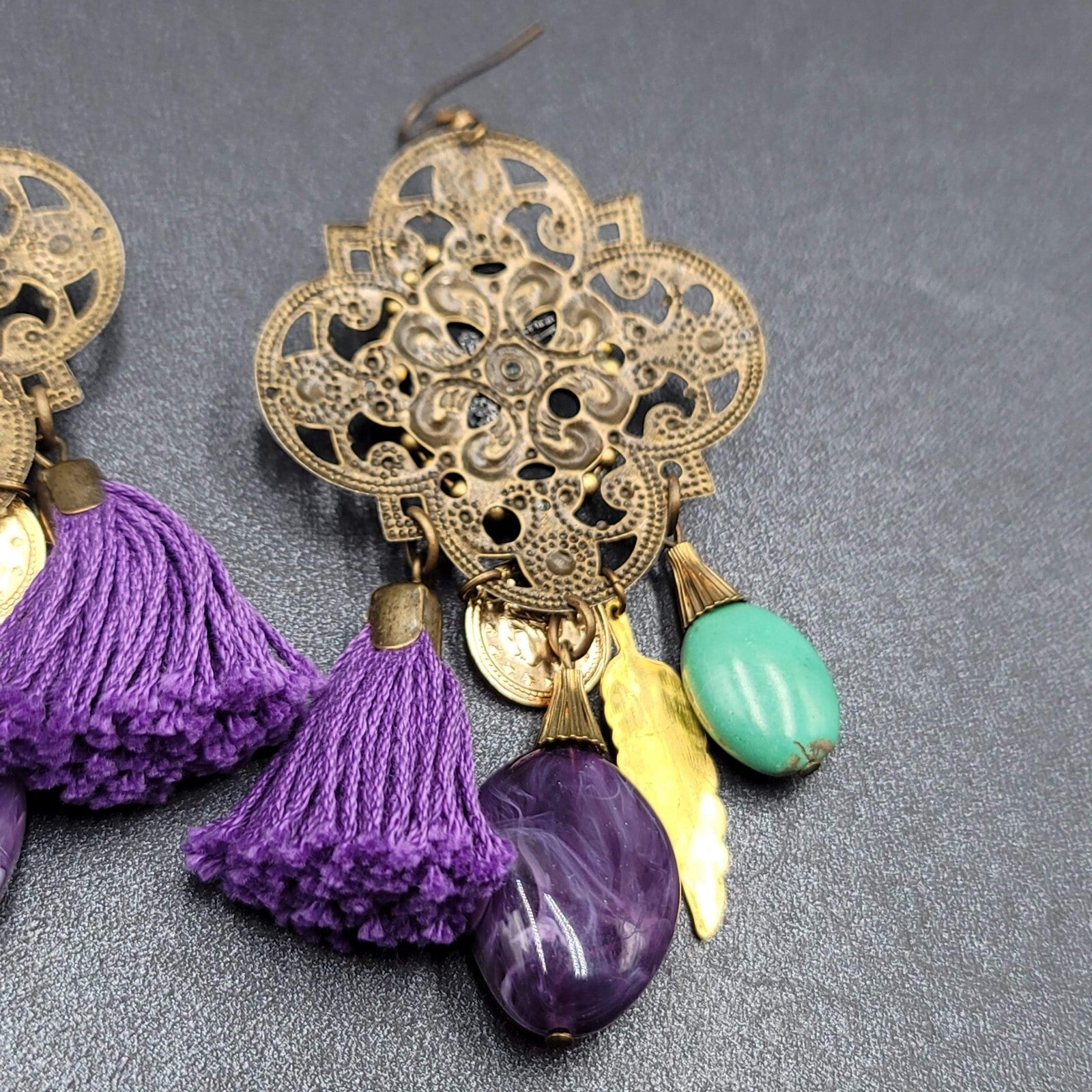 Pierced Earrings Large Statement Bronze tone Purple Tassel Boho Charms 3.5"