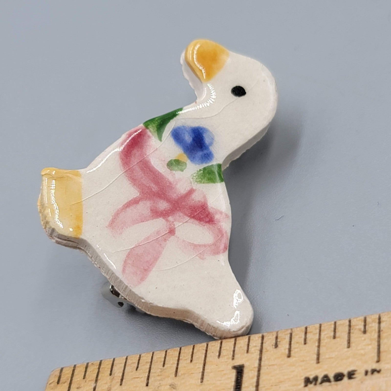Vintage Hand Painted Goose Duck Pin Brooch Ceramic Ribbon Bow Floral 1980s Gift