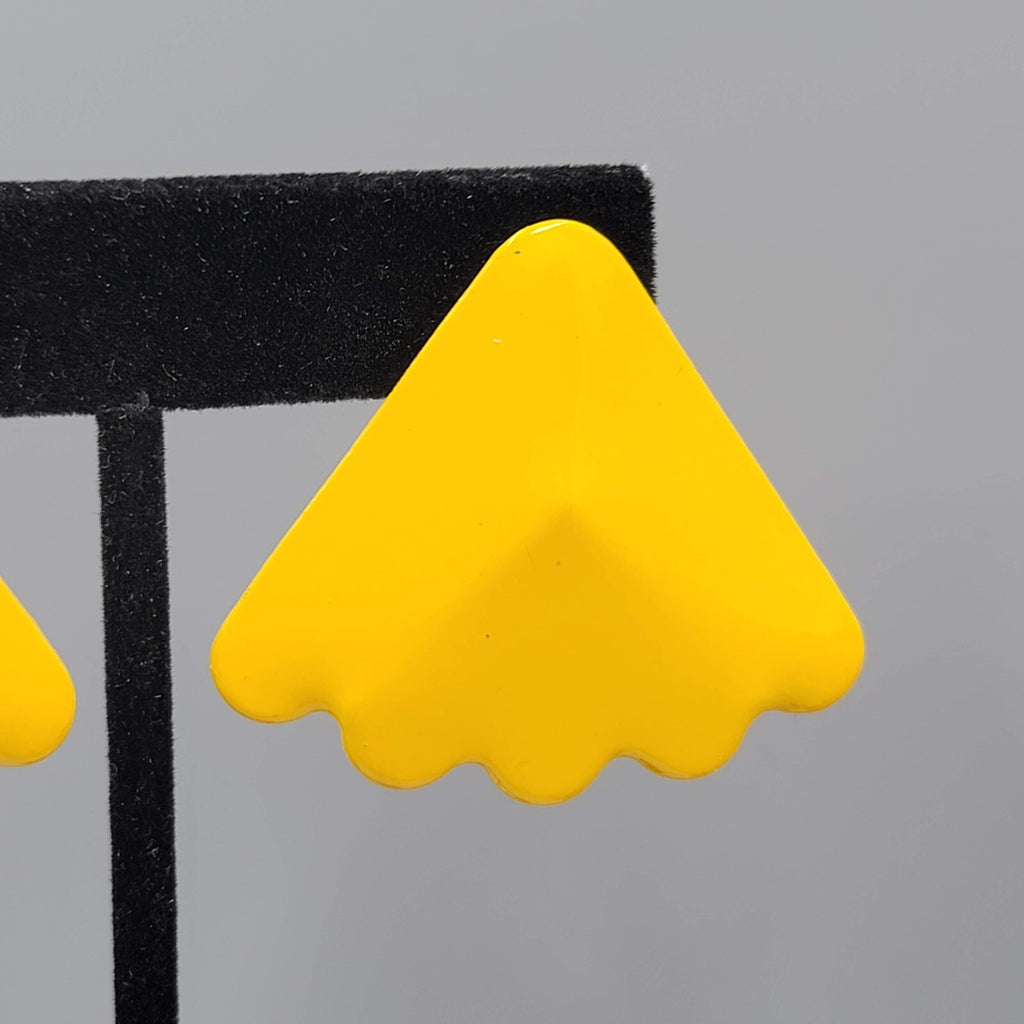 Vintage Pierced Earrings Yellow Enamel Triangle Drop Statement 80s 1.5"