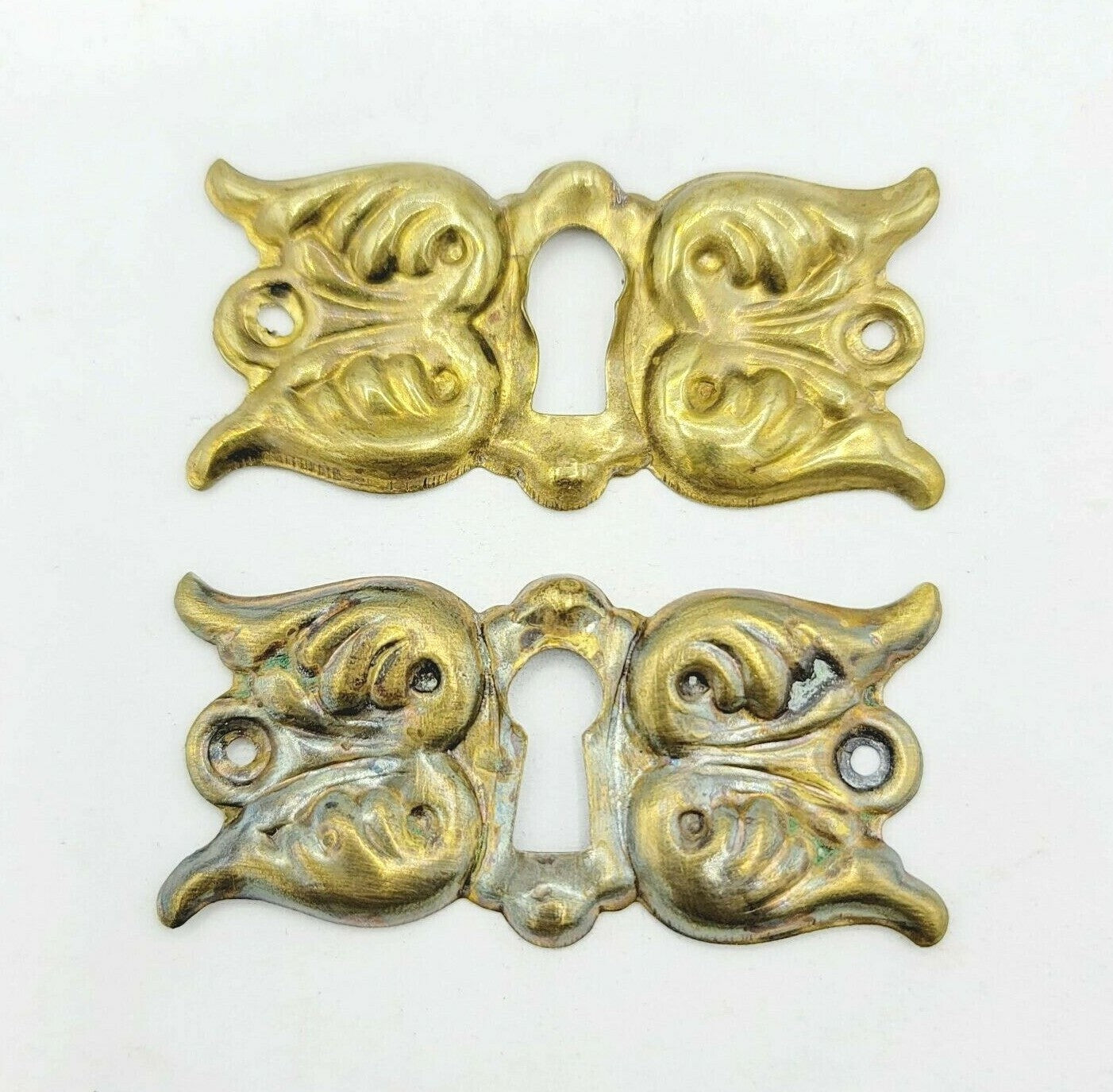 Vintage Ornate Brass Skeleton Key hole Escutcheon Lot of 2 Hardware 2 1/4" x 1"
